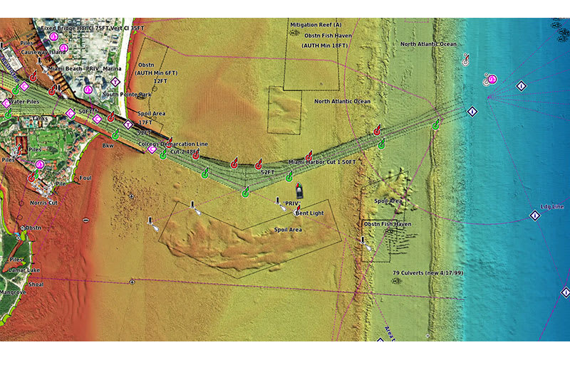 Shaded relief with depth soundings, references and seabed detail